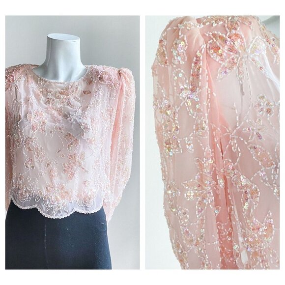 Vintage SILK Peach Pink Beaded Embroidered Cropped Evening Top M - Picture 1 of 9